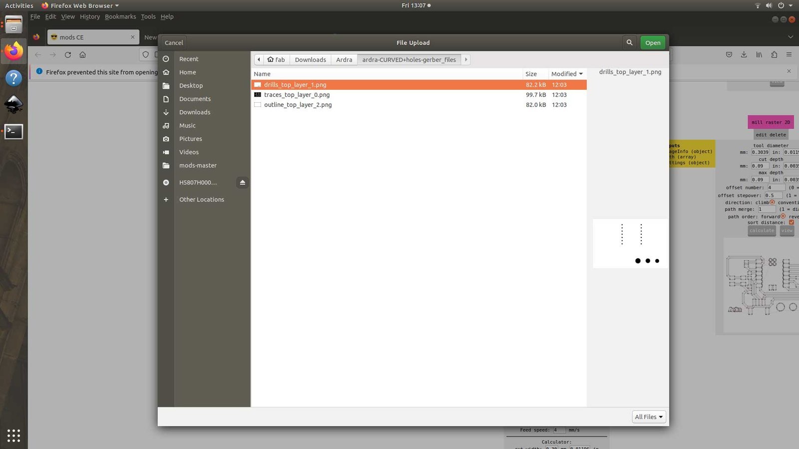 Change to 0.8mm flat end mill and upload the drill PNG